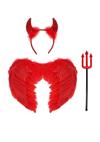HENBRANDT Single Pack - Adult 3-Piece Devil Fancy Dress Set - Red Feathered Wings, Horned Headband & Fork Trident Prop for Halloween Costume Parties & Events