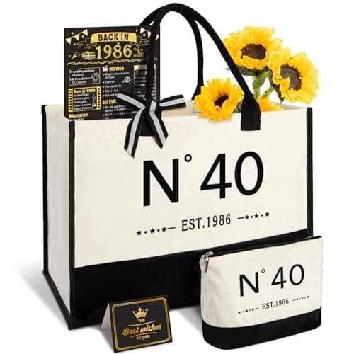 Amosking 40th Birthday Gifts for Women Canvas Tote Bag Travel Gear, Unique 40 Years Old Birthday Gifts for Her Mum Wife Aunt Friends, Vintage N40 Handbag & Cosmetic Bag & Back in 1986 Poster