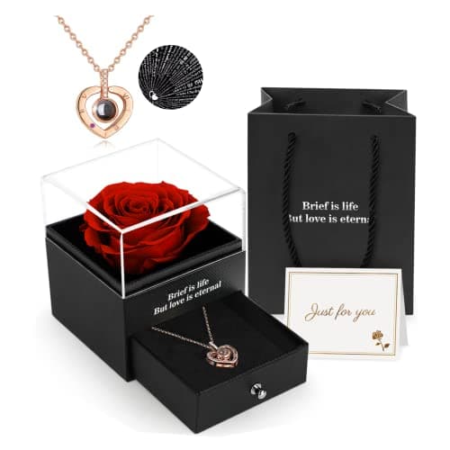 Preserved Real Rose Gift Box with I Love You Necklace, Handmade Eternal Rose Flower Gifts for Mum Mother Women Wife Girlfriend Her on Mothers Day, Birthday, Anniversary, Valentines Day, Christmas