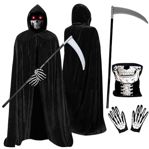 Halloween Costumes , Costume Adult Black Hooded Cloak Cape with Grim Reaper Scythe Skeleton Mask & Skeleton Gloves, Scary Fancy Dress for Women Men Boys Cosplay Outfits