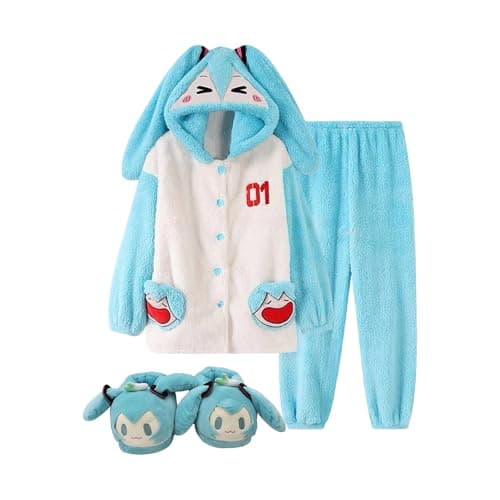 Zhongkaihua Miku Pajamas Set Pajama Pants Fleece Anime Sleepwear Miku Cosplay Costume Pajama Sleeping Gown Winter Warm Halloween Party Gifts