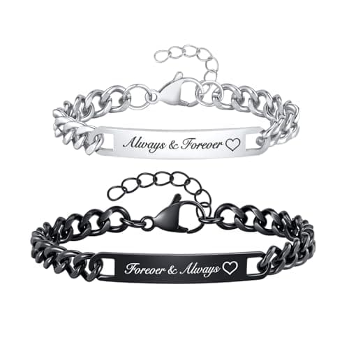 Matching Couple Bracelets For Women Men - Forever and Always Loving Bracelet Set Curb Link Chain Wrist Bangle Promise for Him Her Boyfriend Gift for Christmas Valentine's Day Birthday (silver+black)