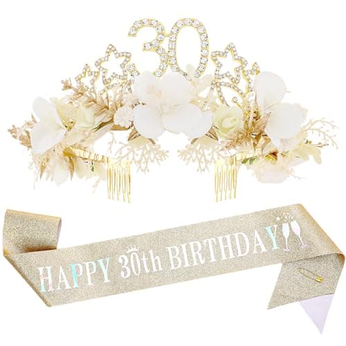 30th Birthday Sash and Flower Crown - White Gold Floral Star Crystal Headband With Sash Headdress Set for Women 30 Years Old, Birthday Tiara Gifts to My Wife Sister Colleague and Friend