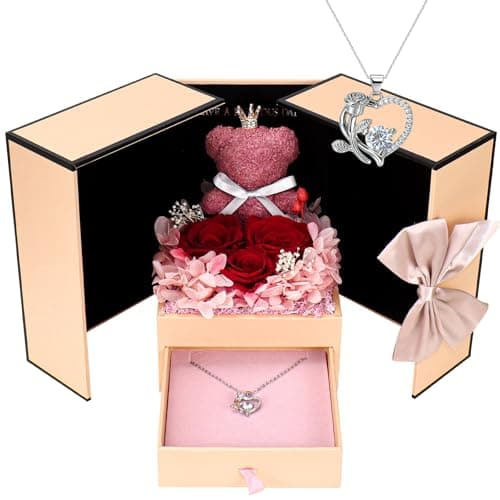 Malloom Cute Preserved Real Roses Bear Gift Box for Girlfriend,Eternal Rose Box with Heart Necklace Romantic Gift for Women,Mom,Her,Grandma, Wife,Gifts Idea on Birthday,Anniversary,Valentine's Day