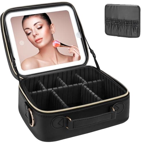 iFalarila Makeup Organizer with LED Mirror, [3 Color and Stepless Dimmable] Rechargeable LED Light for Makeup Bag Train Case with Brushes Storage Organizer, Travel Box Cosmetic Bag for Women - Black