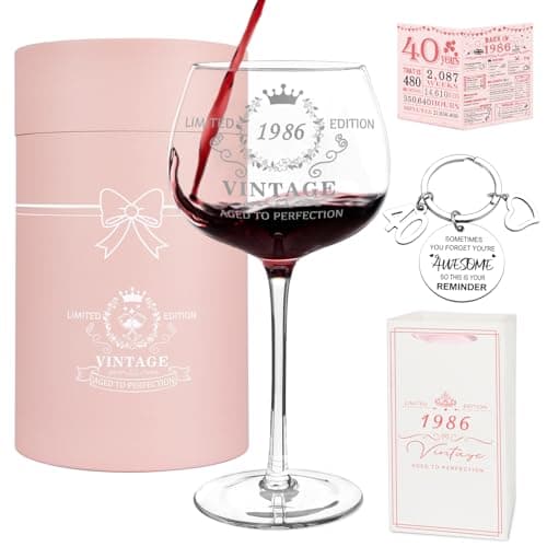 Vanqruo 40th Birthday Gifts for Women,Vintage 1986 Platinum Print Wine Glass, 40th Birthday Decorations for Women, Happy 40 Year Old Gift Ideas for Her, Wife, Friends - 16Oz Wine Glass
