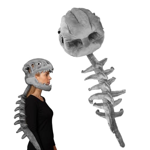 Sinbana 3D Wearable Realistic Skeleton Dinosaur Costume, Fun Short Furry Spinosaurus Skull Dino Bone Plush with Spine Extension for Kid Adult Halloween Cosplay Gifts and Themed Parties Outfits(Grey)