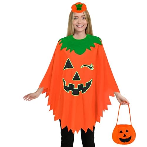 Yezmo Pumpkin Costume for Women, Pumpkin Poncho Cape Glow in the Dark with Headband Candy Bag for Halloween Dress Up
