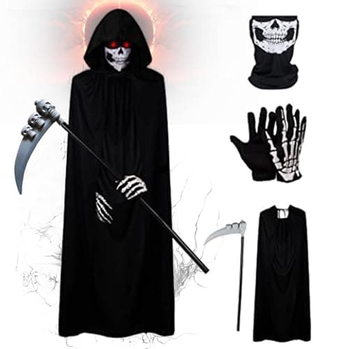 Kukigo Black Grim Reaper Costume Halloween Skeleton Reaper Fancy Dress 140CM Black Cloak Set with Glowing Glasses, Death Costume Party Cosplay Accessories for Adults Adolescent (4PCS Cloak)