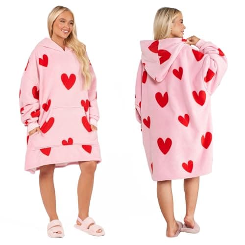 Dreamscene Pink Hearts Hoodie Blanket, Fluffy Sherpa Fleece Wearable Blanket Oversized Blanket Hoodie Women Comfy Soft Warm Snuggle Hoodie Valentines Day Gifts