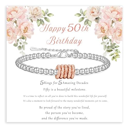 GEMAURA 50th Birthday Gifts for Women,Adjustable Silver Bracelet for Women Sterling Silver Bracelet 50th Birthday Presents Gifts Ideas with Cards for Mum Daughter Sister Grandma