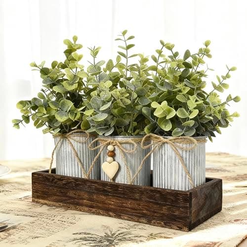 UoYeet Artificial Eucalyptus Table Centerpiece with Wood Try and Metal Pots for Decoration, Rustic Farmhouse Faux Greenery Arrangements for Home Kitchen Coffee Table