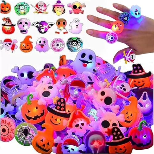 50PCS Halloween LED Light Up Rings for Kids - Glow in the Dark Finger Ring Luminous Party Favor Rings, Skull Pumpkin Spider Ghost Ring for Halloween Party Favors, Trick or Treat Supplies