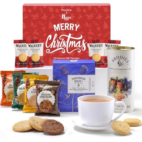 Scottish Afternoon Tea Hamper - Luxury Tea Gift Set with Shortbread Biscuits Gift - Scottish Gifts and Christmas Hamper for Women & Men, Presented in A Red Merry Christmas Box