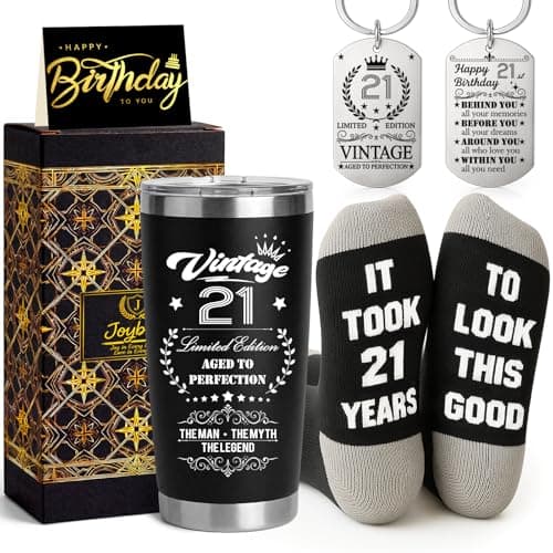 Joybble 21st Birthday Gifts for Men, Unusual Gifts Ideas for 21 Year Old Men, 21st Birthday Decorations for Him, 20oz Stainless Steel Travel Tumbler Gift Set, Novelty Socks& Kerings Presents for Son