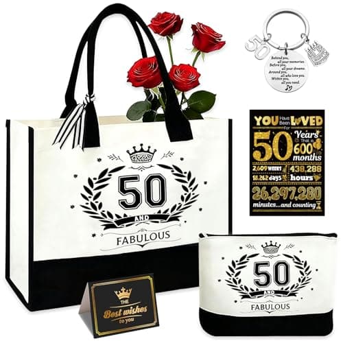 Nhemeylp 50th Birthday Gifts for Women, 4-Piece Set with Elegant Canvas Tote Bag, Cosmetic Bag, Greeting Card and Poster, 50th birthday gift ideas for Mom, Friend