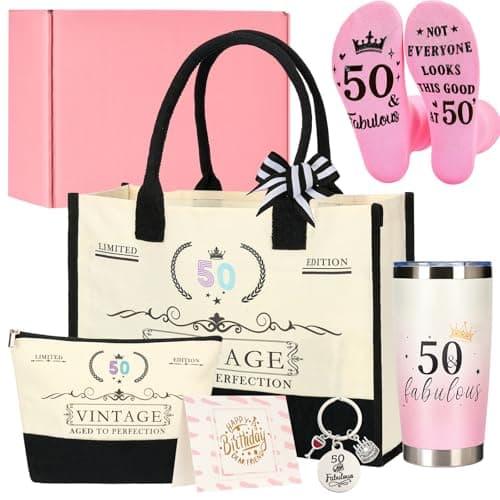 Rilcn 50th Birthday Gifts for Women – Funny & Fabulous Milestone Gift Set with “50 Vintage Aged to Perfection” Tote Bag, 20oz Tumbler, Ready-to-Gift for Mom, Sister, Wife, Friend