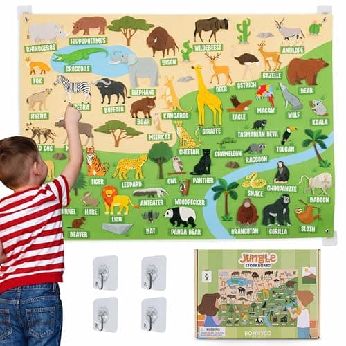 BONNYCO Fuzzy Felt Board with 116 Jungle Animals Figures. Montessori Toys, Birthday Gifts for Kids Ages 3 to 8. Autism Sensory Panel, Educational Resources for Children, Christmas