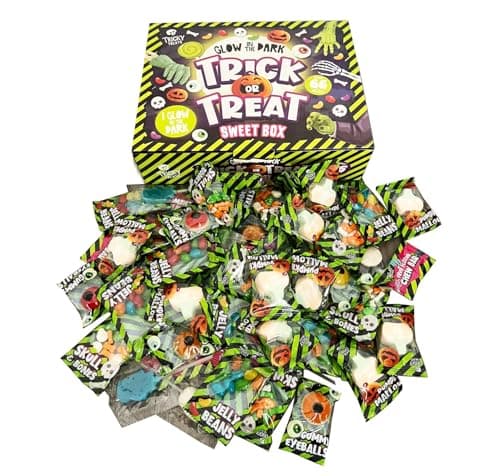 Halloween Trick or Treat Spooky Sweets Box for Kids – 66 Glow in the Dark Candy Pieces in Fun Halloween Themed Gift Box – Party Bag Fillers, Treats & Candy Assortment for Trick or Treaters