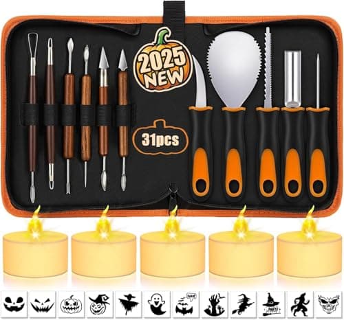FOFAI Halloween Pumpkin Carving Kit: 31 PCS Professional Pumpkin Carving Tools with Stencils LED Candles - Stainless Steel Safe Carving Set for Jack-O-Lanterns - for Kids Adults Halloween Gifts 2025