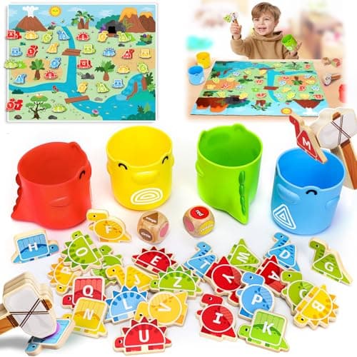 ZippyZoom Montessori Dinosaur Sorting Toddler Toys: Wooden Alphabet Matching Game for Toddlers 1-3 – Educational Preschool Learning Set with Hammers, Dice & Playmat – Gift for Boys & Girls