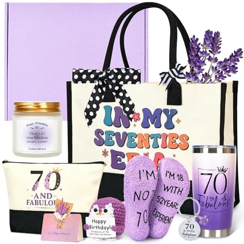 Rilcn 70th Birthday Gifts for Women - Unique 70th Birthday Tote Bag Set, Funny & Practical Gifts for Her, Purple Gift Basket for Mom, Grandma, Wife, or Friend