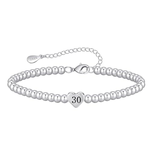 VEEDOFA 30th Birthday Gifts for Women, Hypoallergenic Adjustable Bead 925 Sterling Silver Bracelet for Women, 30th Birthday Presents for Mum Grandma Auntie Sister Friends