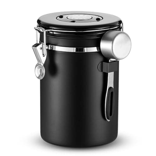 Dyserbuy 1.8L Coffee Bean Storage, Airtight Coffee Container, Storage Jar with Date Tracker and 30ML Measure Scoop &6 CO2 Valve for Beans, Grounds, Tea, Sugar (Black)