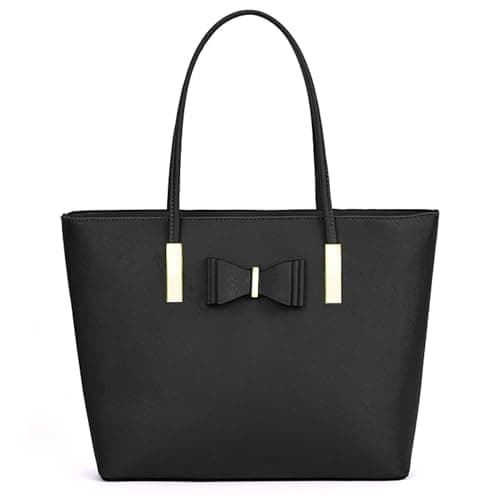 kukubird Women's Top-Handle Black Large Tote Bag Handbag Simple Shoulder Bag with Zipper for School Work Leisure-Black