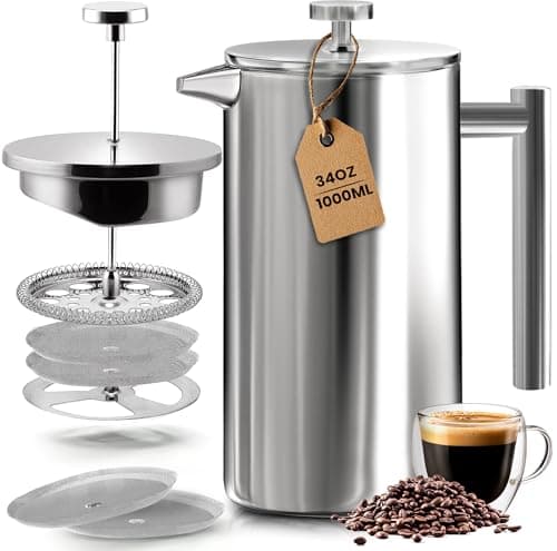KICHLY French Press Coffee Maker, 1 Litre (8 Cups) Double Wall Stainless Steel Cafetiere, Silver – Insulated Coffee Press (Pack of 1)