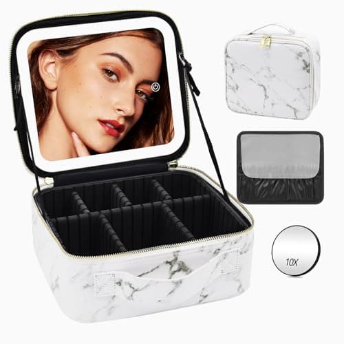 Travel Makeup Bag Cosmetic Bag Make up Organizer Bag with Large Lighted Mirror 3 Color Modes Adjustable Brightness, Waterproof PU Leather Makeup Travel Case Makeup Train Case Toiletry Gift Accessories