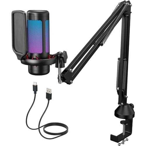TONOR Gaming USB Microphone with Adjustable RGB Modes & Brightness, Condenser PC Mic with Boom Arm for Streaming Podcast Recording Studio Singing Youtube Compatiple with Computer/Laptop/Mac/PS4 TC310+