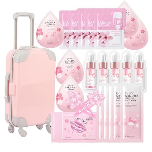 Skin Care Set For Teenagers Girls with Cute Mini Luggage,Sakura Skin Care Sets & Kits,Pamper Sets For Girls Gifts,Skincare Set,Serum,Cleanser,Sleep,Mud Mask,Lip Mask,Hair Pins (One Size, Sakura)