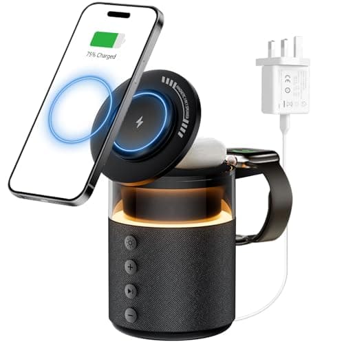 3 IN 1 Wireless Charging Station,Wireless Charger for iPhone17 16 15 14 13 12 Series Apple Watch Airpods,Bedside Docking Station with Light,Phone Stand with Bluetooth Speaker,Cool Tech Gadgets for Men