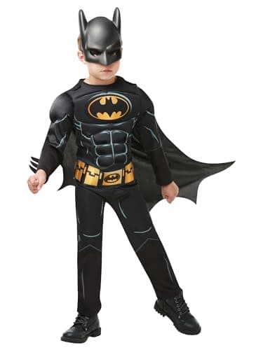 Rubies Official Batman Black Deluxe Costume for Kids – Muscle Chest Jumpsuit with Mask & Cape for Role-Play, Age 5-6 Years Halloween