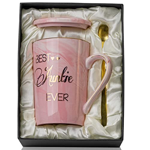 Doublewhale Auntie Gifts, Birthday Gifts for Aunty, Best Auntie Christmas Birthday Gift from Niece Nephew, Marble Coffee Mugs with Gold Printing for Aunty, 14OZ Pink Ceramic Cup with Spoon Lid Card