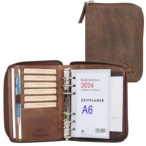 ALMADIH Leather A6 Organizer with Rings, Zipper, Calendar 2025 + A6 Writing Pad made from Premium Cow Leather brown vintage with Gift Box - Personal Planner Conference Folder System Ring Binder