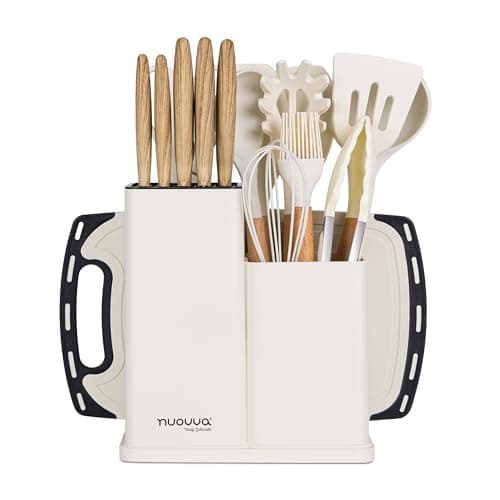 Cooking Utensils Set with Chopping Board – Knife Set with Block – Heat Resistant Silicone Utensils with Wooden Handle, Spoons, Ladles & Spatula – Kitchen Tools & Accessories – 17pcs, Cream – by Nuovva
