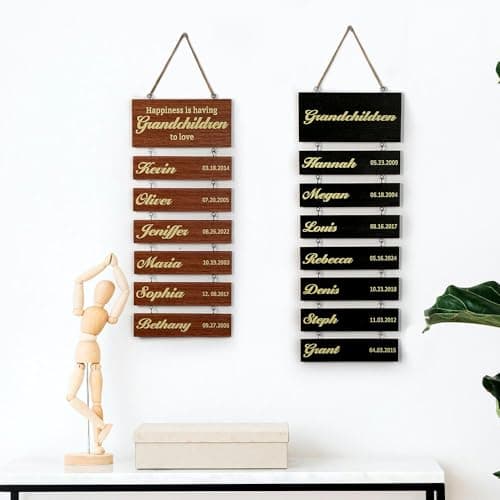 Personalised Wooden Family Name Sign Wall Hanging with 1-18 Names & Birth Dates Custom Grandchildren Name Wall Decor Plaque Grandkids Make Life Grand Gift For Grandma Grandpa Mom Dad Grandparents