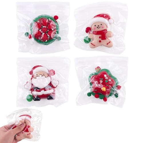 Anboor 4 Pcs Christmas Squishy Toy, Kawaii Christmas Star, Raspberry Tart, Santa Claus, Gingerbread Man Squeeze Fidget Toys Stress Relief for Kids Adults Autism Xmas Stocking Fillers