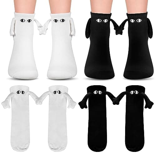 Firtink 2 Pairs Magnetic Couple Socks: Show Off 3D Hand Holding, Novelty Cartoon Crew Socks for Men, Women & Teens (Large White)