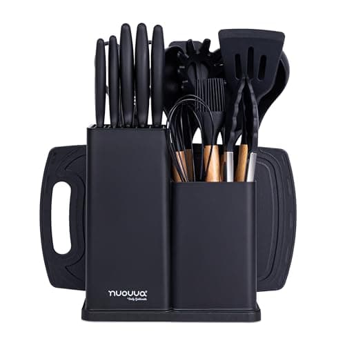 Cooking Utensils Set with Chopping Board – Knife Set with Block – Heat Resistant Silicone Utensils with Wooden Handle, Spoons, Ladles & Spatula – Kitchen Tools & Accessories – 17pcs, Black – by Nuovva