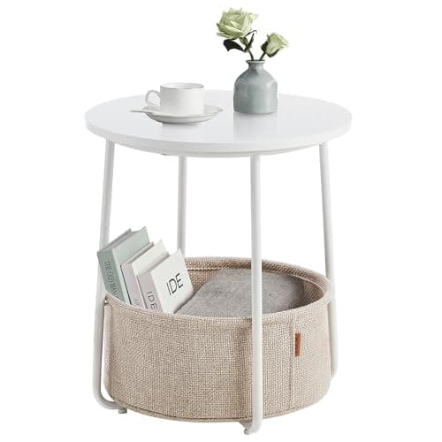 VASAGLE LET223W10 Small Round Coffee Table, Side Table with Fabric Basket, Storage for Living Room, Bedroom, Modern Style, Matte White and Camel Brown
