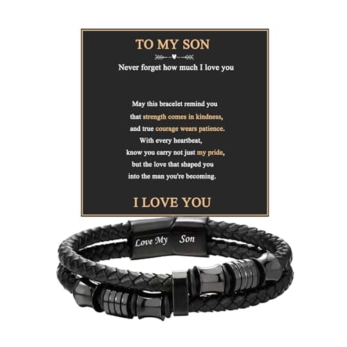 Mens Bracelets Gifts for Men : Men Leather Bracelet for Dad Son Husband Boyfriend My Man 21.5cm Black Braided Bracelet Male Bangle Jewelry Gift in Christmas Father Day Birthday Valentines (Son)