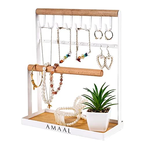 AMAAL Jewellery Organiser Stand with Mini Plant Included – 4-Tier Aesthetic Room Decor Jewellery Display – Elegant Necklace Stand – Earring Holder Wooden Tray Holds Perfume, Bracelets