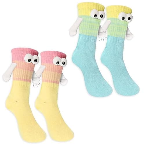 2 Pairs Holding Hands Socks,Funny Magnetic Couple Socks,Novelty Hand In Hand Friendship Socks Novelty Socks for Lovers Friends Sisters,3D Doll Socks Couple Birthday Gifts for Boyfriend Friends