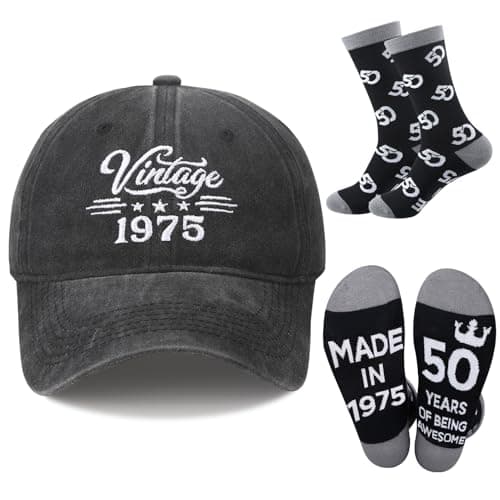 ViEinkaufen 50th Birthday Gifts for Men Women Birthday Baseball Cap for Him 1975 Hat Mens Socks Present Leaving Thank You Gifts for Husband Dad Brother Friends Teachers Black
