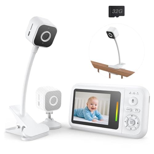 Baby Monitor with Camera and Night Vision - 1080P HD Baby Camera Monitor with Cot Clip & Holder, No WiFi, Secure 2.4GHz, Cry Detection, 4X Zoom, Feeding Reminder, Temp Sensing & Lullabies, 32G Card