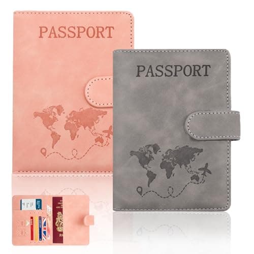 2 Pcs Passport Holder, Passport Cover Travel Wallet Organiser, Passport Case with RFID Buckle Closure PU Leather Document Holder for Men Women Family Gifts Essential Travel Accessories(Grey & Pink)