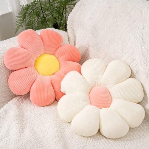 FSRONGXI 2pcs Daisy Flower Pillow Throw Pillows, Cute Aesthetic Preppy Room Decor Flower Cushion Floor Cushions for Girls Bedroom Sofa Chair (Pink & White, 38x38cm)